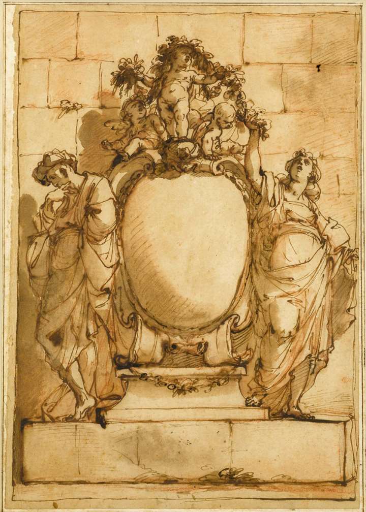 Design for a Monument or Frontispiece, with a Male and Female Figure Flanking a Cartouche, Three Putti Holding a Garland Above